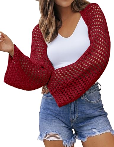 Image of Libsorge Womens Lightweight Crochet Knit Cardigan Spring 2026 Cropped Shrug Long Sleeve Hollow Out Cardigans