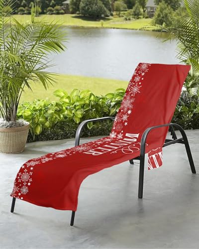 Hello Winter Beach Chair Towel Covers for Chaise Lounge with Side Pocket, Soft Plush Pool Towels Cover for Patio Sunbathing Outdoor 29''x85'' Christmas Snowflake Red White