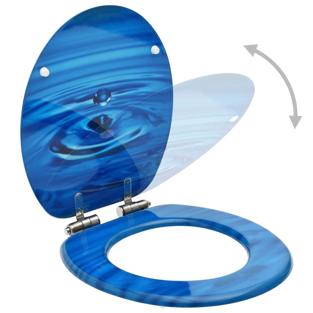 Sedile WC in MDF blu con funzione di abbassamento automatico e design a goccia d'acqua, robuste cerniere in zinco cromato regolabili da 12 a 20 cm, adatto per tutti i WC comuni