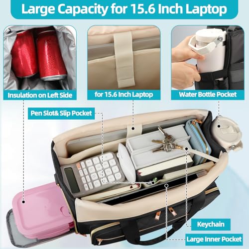 Lunch Work Tote Bag for Women with Accordion File Organizer Pocket, 3 in 1 Daily Tote Bag with Insulated Lunch Compartment& 15.6 Inch Laptop Compartment for Business Teacher Nurse (Black)4