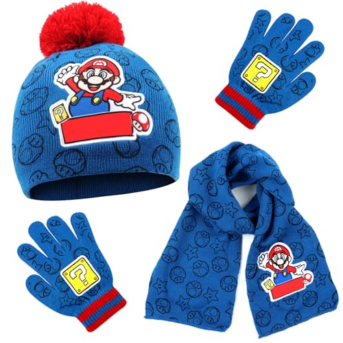 YOILIK Conjunto de 3 peças para crianças, gorro de inverno Super Mari, cachecol e luvas, chapéu de inverno para menina, luvas de inverno, gorro de inverno quente, gorro, mãos, tamanho redondo, azul