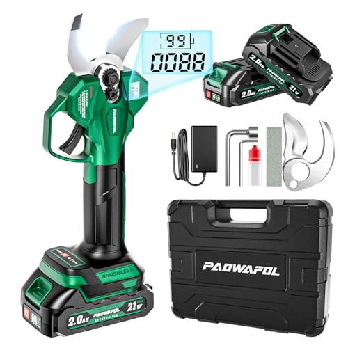 Paowafol Electric Pruning Shears, 1.4 inch (35mm) Cutting Diameter Cordless Electric Scissors with LCD Display, 21V Brushless Motor Branch Cutter with 2 PCS Rechargeable 2000mAh Batteries & 2 Blades