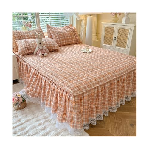 TRQQWEQQ Juego de falda de cama de algodón suave y acogedor de 38 cm de profundidad, falda de cama a cuadros, falda de cama con volantes, sábana con decoración de encaje (E,King XL-180 x 220)