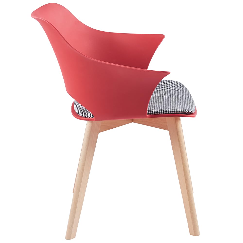 Shally Dogan Set 4 Sedie per Sala da Pranzo con Piedi in Legno e Seduta con Morbida Imbottitura e Trama a Quadretti, Sedia Design Nordico, Poltrona Ideale per Cameretta, Cucina, Ufficio (Rosso)