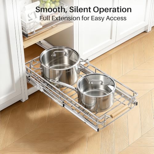 Image of Pull out Cabinet Organizer, 9 inchW X 21 inchD, Heavy Duty Smooth Sliding Under Cabinet Shelves for Pots and Pans, Full-Extension Roll out Drawers, Slide out Organization for Home Kitchen Pantry