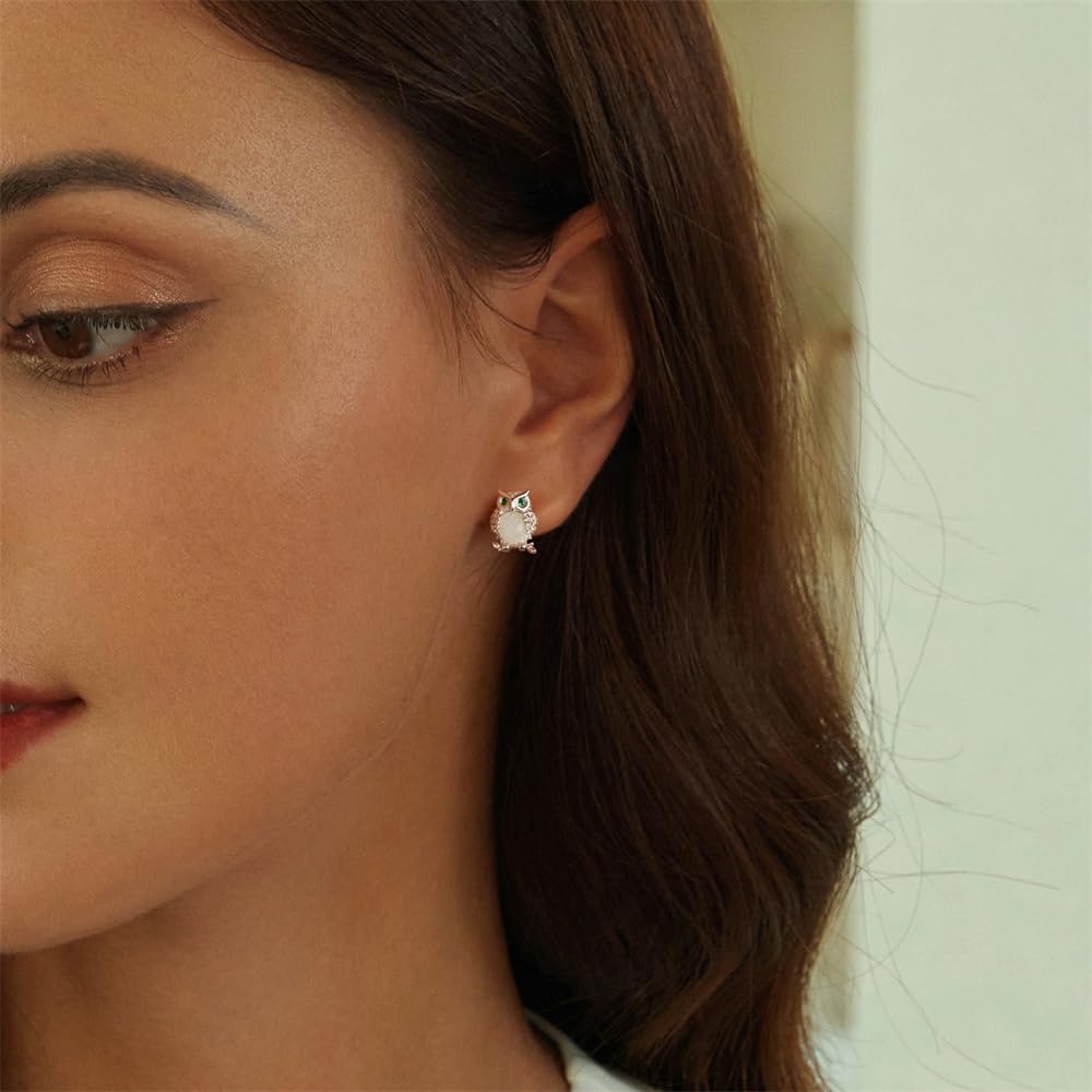 Cute Owl Luminous Stone Earrings for Women 925 Sterling Silver Hypoallergenic Green CZ Animal Small Stud Cartilage Piercing Glow in the Dark Earring Dainty Christmas Jewelry Gifts Student Teacher