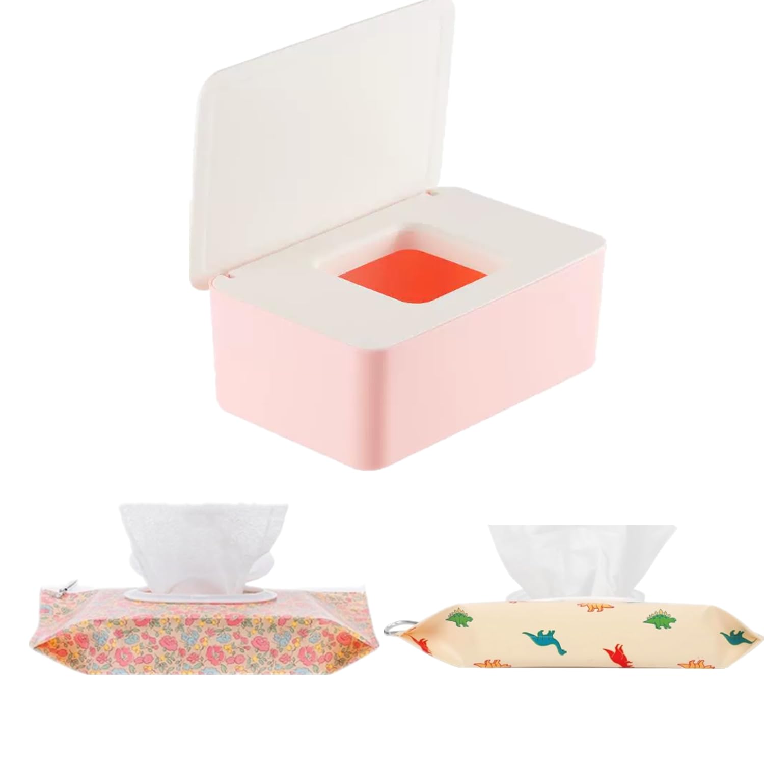 Feuchttücher Box, Feuchtuchspender mit 2 Stück Reisen Wieder Auffüllbar Feuchttücher Tasche,Wiederverwendbar Feuchttücherbox Wischtuchhalter Badezimmer Toilettenpapier Box(Weiß Rosa)