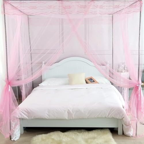 Toldo de cama, red de cortina de cama de princesa para niñas y adultos, red rectangular de cúpula de encaje de tres puertas (rosa, Queen)