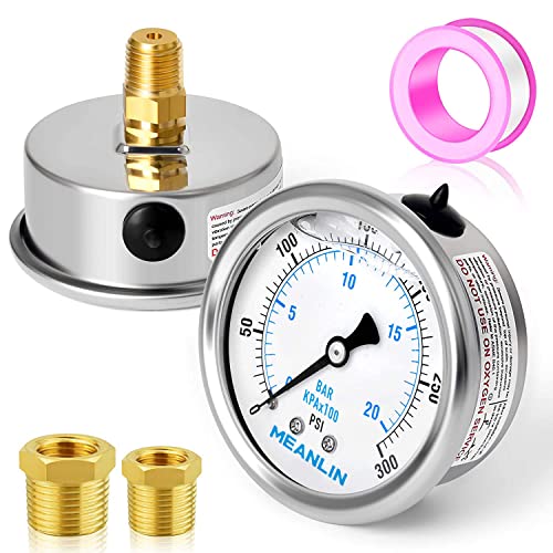 MEANLIN MEASURE 0~300Psi Stainless Steel 1/4" NPT 2.5" FACE DIAL Liquid Filled Pressure Gauge WOG Water Oil Air Center Back Mount, with 1/2" NPT and 3/8" NPT Hex Bushing