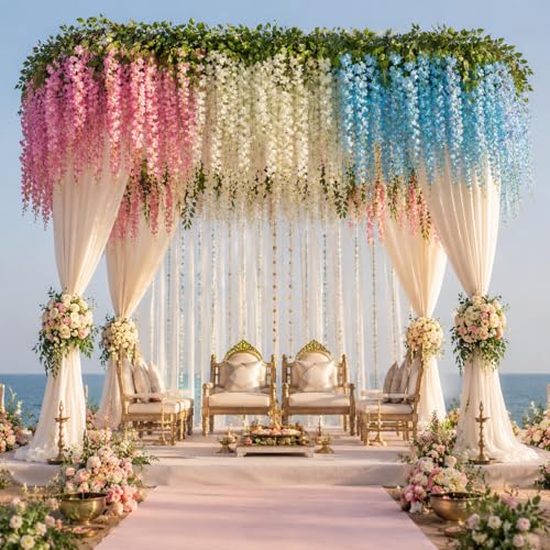 Image of Tia Crafts Polyester Artificial Hanging Flowers For Ceiling Balcony|Wisteria Vine|Home Party Decor Garden Outdoor Greenery Office Wall Decoration|Waterproof Washable-3.7Ft /45 Inch(Mixed,12)