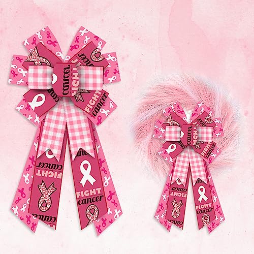 ALIBBON Large Breast Cancer Awareness Bows for Wreaths, Pink Ribbon Wreath Bows, Fight Cancer Bows for Front Door, Pink Buffalo Plaid Burlap Bows for Wreath Indoor Outdoor Wall Window Decor