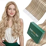 Easyouth Extensions Tape Balayage 50 cm Extensions Tape on Echthaar Aschblondes Highlight mit Hellblond 50g Echthaar Extension Tape Ombre Remy Tape Extensions 50 cm