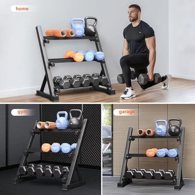 1100LB Adjustable 3-Tier Dumbbell & Kettlebell Storage Rack, Heavy Duty Weight Stand for Home Gym, Free Weight Organizer (Rack Only)