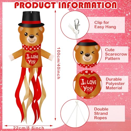 2 Pcs 40\'\' Valentine\'s Day Windsock Hearts Windsock Flag Valentines Day Bear Outdoor Decorations Outdoor Hanging Windsocks for Wedding Anniversary Party Porch Outdoor Home Decoration