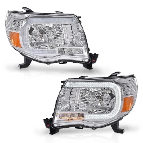 Image of GRAND ORANGE LED DRL Tube Halo Headlights Fit 2005-2011 Toyota Tacoma | Tube projector Headlamps, Left & Right,Clear Lens Chrome Housing Amber Reflector,8115004163, 8111004163, 8115004173