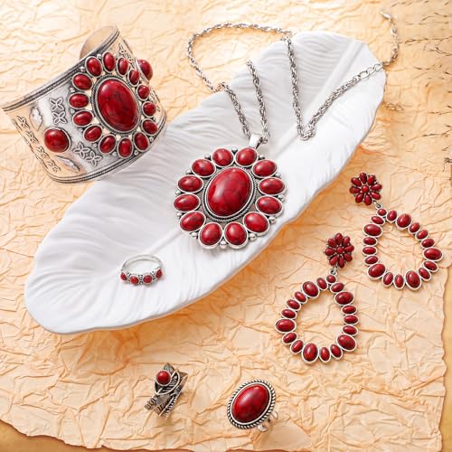 Image of Ecally Bohemian Western Jewelry Turquoise Set Women Country Pendant Long Choker Layered Bracelets Earrings Ring for Women