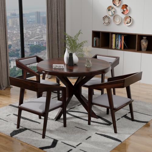Image of ONIJA Solid Sheesham Wood 4 Seater Dining Table Set with Cushioned Chairs for Dining Room | Living Room | Home & Office | Hotels Restaurant & Cafe (4 Seater, Walnut Finish)
