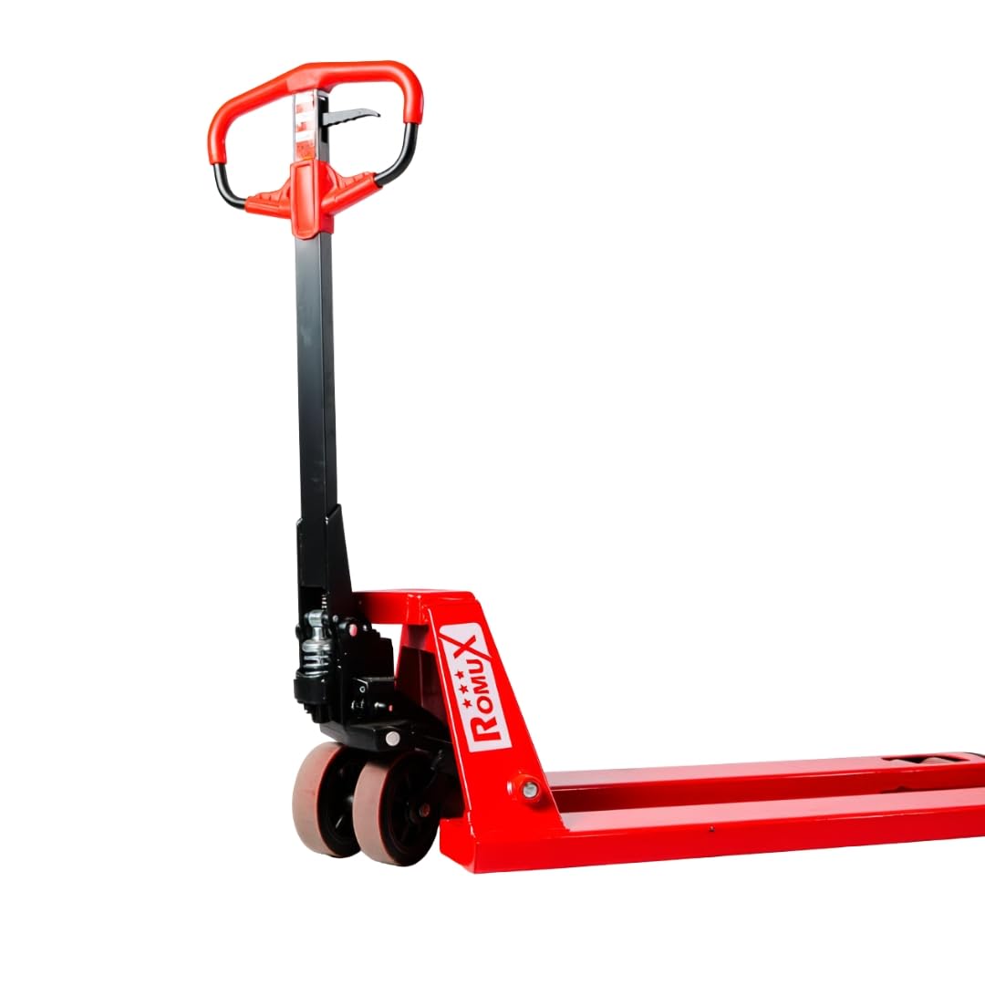 Transpaleta Manual ROMUX Industrial 3000 Kg / 3 Toneladas - Agarre Ergonómico - Ruedas de Poliuretano (PU) Silenciosas - Horquilla 550x1150 mm - Ideal para Almacén, Logística y Carga Pesada (Rojo)