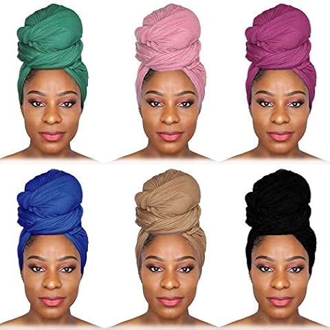 6 Pieces Head Wraps Scarf Long Turban Stretch Jersey Ultra Soft Urban Knit Hair Scarfs Solid Color African Headbands Tie Breathable Headwrap Fashion Shawls for Women Cover