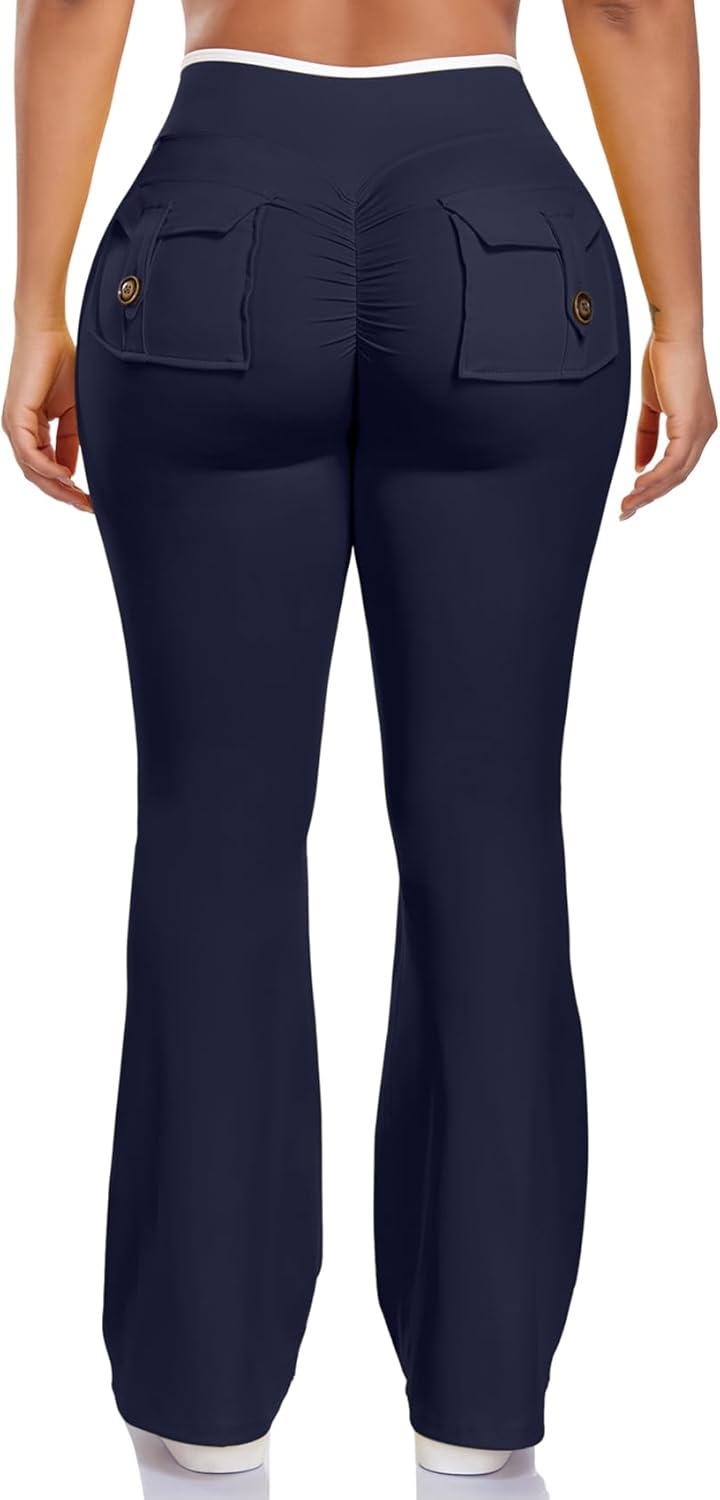 SEASUM V Wasist Flare Leggings with Pockets for Women White Trim Scrunch Workout Leggings Butt Lifting Gym Yoga Pants - Image 4