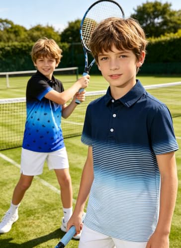 Kids4ever 2 Pack Boys Short Sleeve Polo Shirt Print Golf Active Casual Collared Shirts Funny Sport Clothes Black Blue Navy Gradient Stripes Athletic Uniform Size 13-14 — view 4