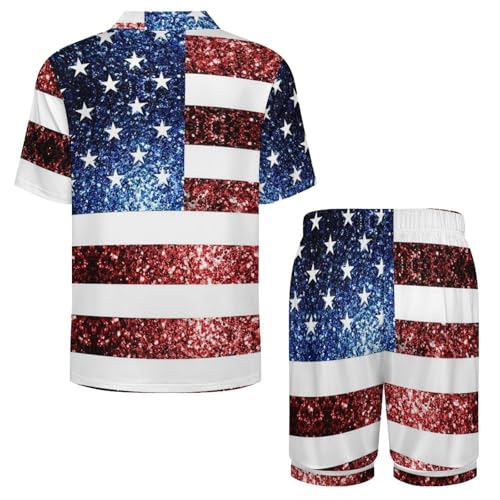 U.S.A. Flag Red Blue Sparkles Glitters Short Sleeve Pajama Set for Men Button Down Pjs Loungewear Top Shorts3