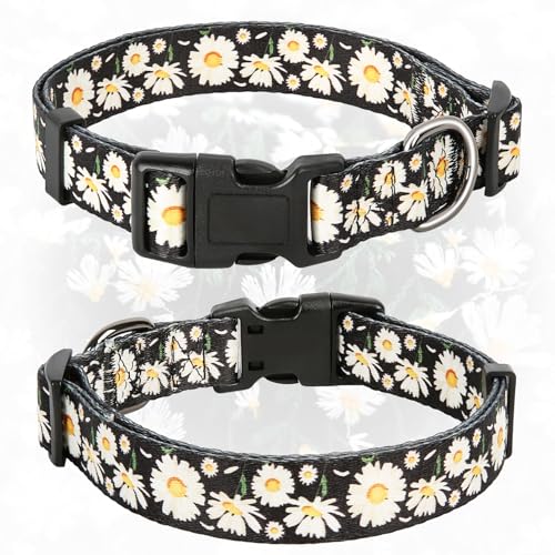 Image of HEELE Dog Collar, Adjustable Soft Dog Collar for Small Medium Large Dogs,Daisy Floral Patterned Puppy Collars with Quick Release Buckle Daisy Black L Length 15.94''-25.59'
