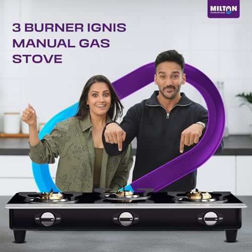 Image of Milton Manual Ignition 3 Burners Gas Stove | 6mm Toughened Glass Top | ISI Certified | | 360 Sabaf Valve | Modern Premium Design | 1 Year Manufacturer's Warranty -Black