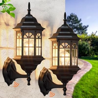 SNRU Dusk to Dawn Outdoor Wall Porch Lights Exterior 2-Pack, Waterproof Retro Black Outdoor Wall Sconce Lights with Tempered Glass, Exterior Lighting Fixtures for House Garage, Bulb Not Included