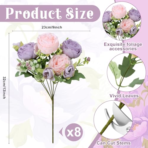 Image of 8 Pack Pink, Purple Peonies Artificial Flowers, Fake Silk Hydrangea Bouquet for Bridal Wedding Home Table Decor Reusable Dining Opening Ceremony Birthday Arrangement Faux Floral