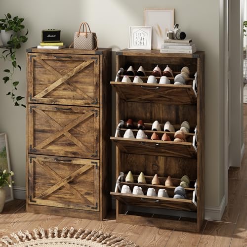 Maupvit-24-W-Farmhouse-Shoe-Cabinet-Storage-for-Entryway-Freestanding-Organizer-with-3-Flip-Drawers-Narrow-Shoe-Rack-Cabinet-with-Metal-Corner-Decoration-Rustic-Brown Maupvit 24 W Farmhouse Shoe Cabinet Storage for Entryway Freestanding Organizer with 3 Flip Drawers Narrow Shoe Rack Cabinet with Metal Corner Decoration Rustic Brown