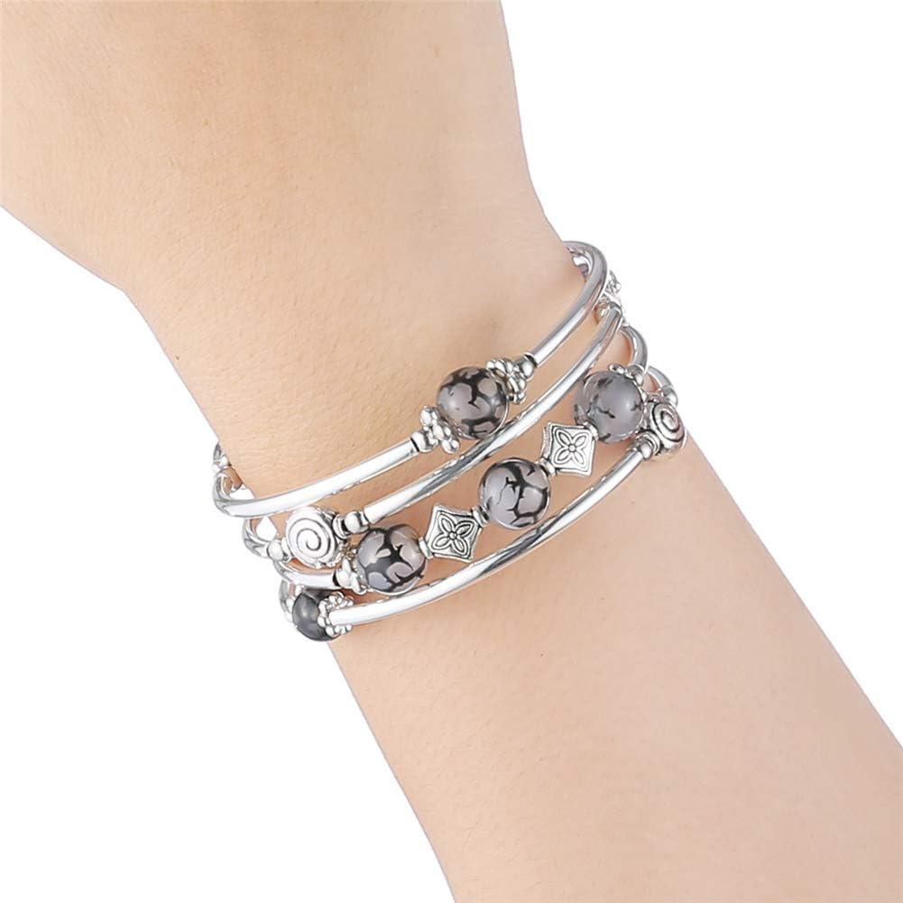 Beaded Pearl Bangle Wrap Bracelet - Fashion Bohemian Jewelry Multilayer Charm Bracelet with Thick Silver Metal Beads, Gift For Women - Image 2