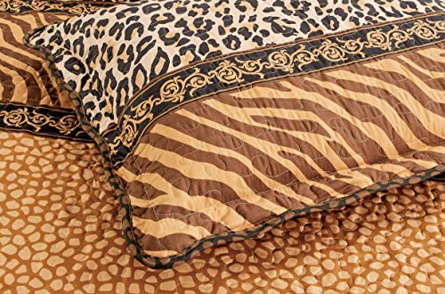 Masterplay 3-Piece Fine Animal Print Oversize (100" X 95") Quilt Set, Bedspread Coverlet Queen Size Bed Cover (Leopard Tiger Brown Black Stripe) #TOP2