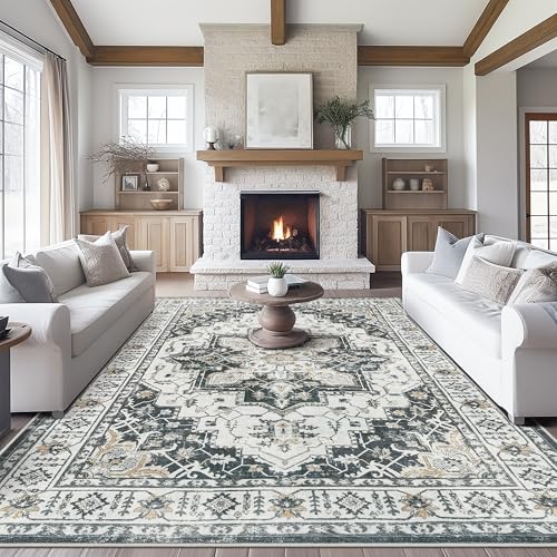 Madane 6x9 Area Rugs for Living Room, Stain Resistant Washable Rugs, Non-Slip Backing Area Rug, Vintage Home Decor Rug for Bedroom (Black, 6'x9')