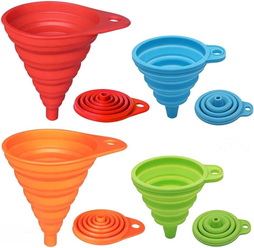 Kitchen Funnel Set 4 Pack, Small and Large, Kitchen Gadgets Accessories Foldable Silicone Collapsible Funnels for Filling Water Bottle Liquid Transfer Food Grade