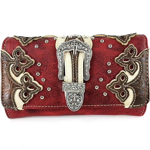 Justin West Tooled Laser Cut Leather Solid Rhinestone Silver Buckle Wristlet Trifold Wallet Attachable Long Strap