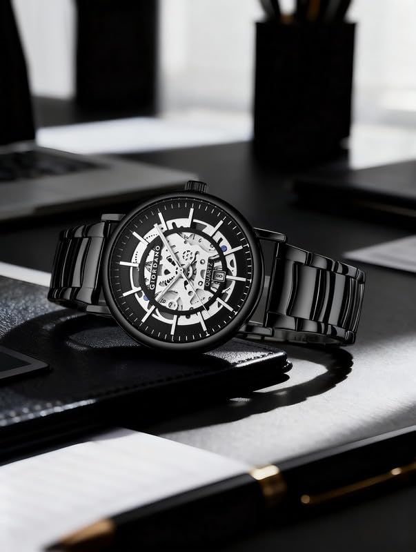 Image of Giordano Analog Quartz Watch for Men with Skeleton Round Dial, Date Function, Luminous Hands and Markers, Leather & Stainless Steel Strap - GZ-50182