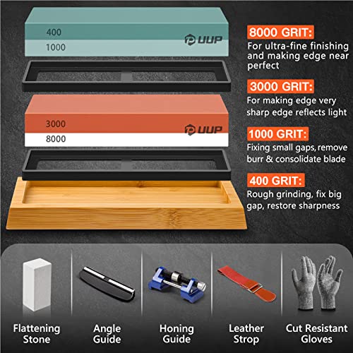Uup 9Pcs Knife Sharpening Kit Professional Sharpening Stone Whetstone Set 4 Side Grit 400/1000 3000/8000 Premium Whetstone Knife Sharpener With Flattening Stone, Cut Resistant Gloves & Honing Guide #TOP1