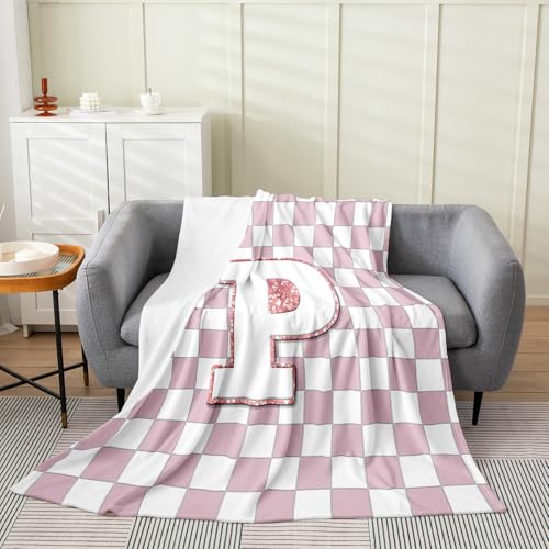 Image of Erosebridal Pink Initial P Fleece Blanket Throw 50 inchx60 inch Kawaii Plaid Checkered Flannel Blanket Cute Personalized Monogram Fuzzy Plush Throw for Kids Girls,Fashion Grids Gingham Decor for Bed Couch