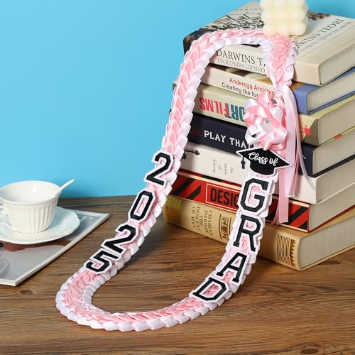 Graduation Leis Class of 2025 Grad Handmade Ribbon Lei Double Braided Ribbon Necklace with Grad Letters,47.2Inch4