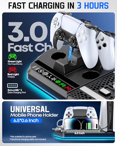 Image of Cooling Station with Controller Charger for PS5 /Slim /Pro, PlayStation 5 Vertical Stand for Disc & Digital Console, Dual PS 5 Controller Charging Station with 3 Level Cooling Fan, PS5 Accessory - Black