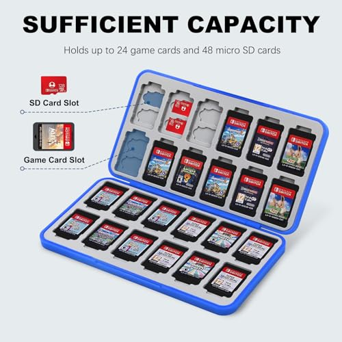 Image of FYY Nintendo Switch Game Case Holder for Switch 2 Cartridge Case with 24 Game Card Slots & 48 Micro SD Card Slots, Hard Shell, Silicone Lining Blue