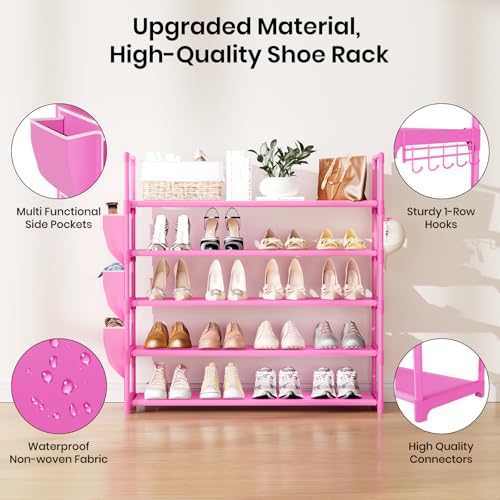 Image of VILICK Shoe Rack for Closet Shoe Organizer Space Saver Storage for 20-25 Pair Shoe Shelf with Hook and Side Pocket Free Standing 5 Tier Shoe Rack Organizer for Entryway,Small Spaces, Pink