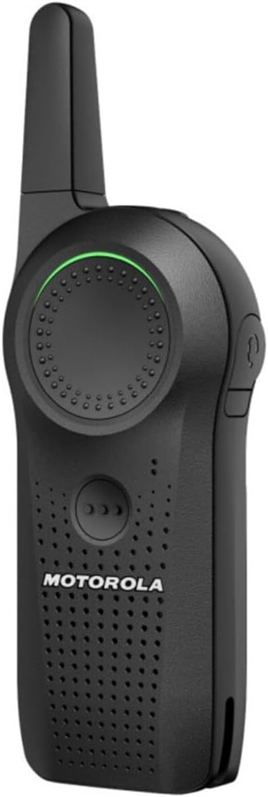 A single Motorola Curve Two-Way Radio, front view, showing the circular Voice Assistant Button with a green illuminated ring.