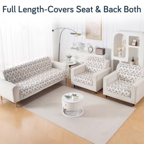 Image of HOKIPO Folk Garden Quilted Sofa Cover 5 Seater Set - Washable 3+1+1 Sofa Cover for Seat & Back with Tassel Design | 'Tassel Twigs' Series (IN-991-T9 + IN-989-T9)