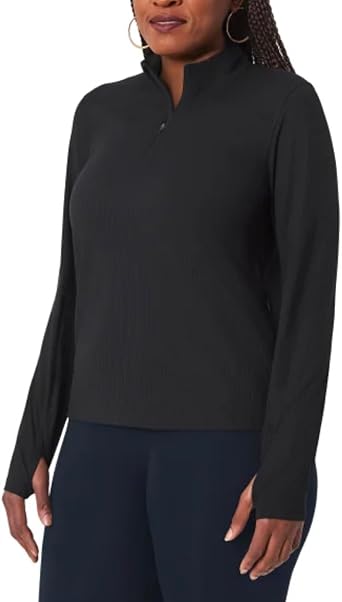 Mondetta Womens Long Sleeve Active Ribbed 1/2 Zip Top with Thumb Holes US, Alpha, Medium, Regular, Regular, Black