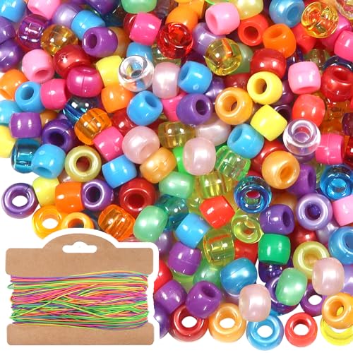 TOAOB 500 Stück Bunte Pony Perlen mit Großes Loch 9mm zum Auffädeln Fädelperlen Transparent Acryl Pony Beads Bastelperlen mit 30 m Elastisch Schnur für Schmuck Armbänder Halsketten DIY Basteln
