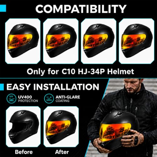 Image of PSLER Shatterproof Motorcycle Helmet Visor for HJ-34P C10,Deep Red | Impact-Resistant ,UV400 Protection, Motorcycle Tinted Face Shield for HJ-34P C10,Visor Replacement