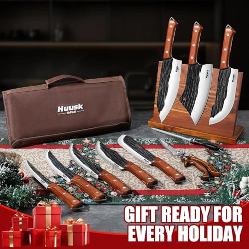 Huusk Butcher Knife Set, Hand Forged Butcher Chef Knife Set with Bag, Sharp Meat Cleaver & Bbq Carving Knives & Boning Breaking Knives for Kitchen & Camping, Christmas Gifts for Men Women - Image 2