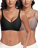 Jiuday BH ohne Bügel Push Up BH Große Brüste Starker Halt Bügelloser Bustier Damen Gepolstert Seamless Soft Bra ohne Buegel Bequemer T Shirt V-Ausschnitt Bralette (Schwarz+Kaffee,XL)